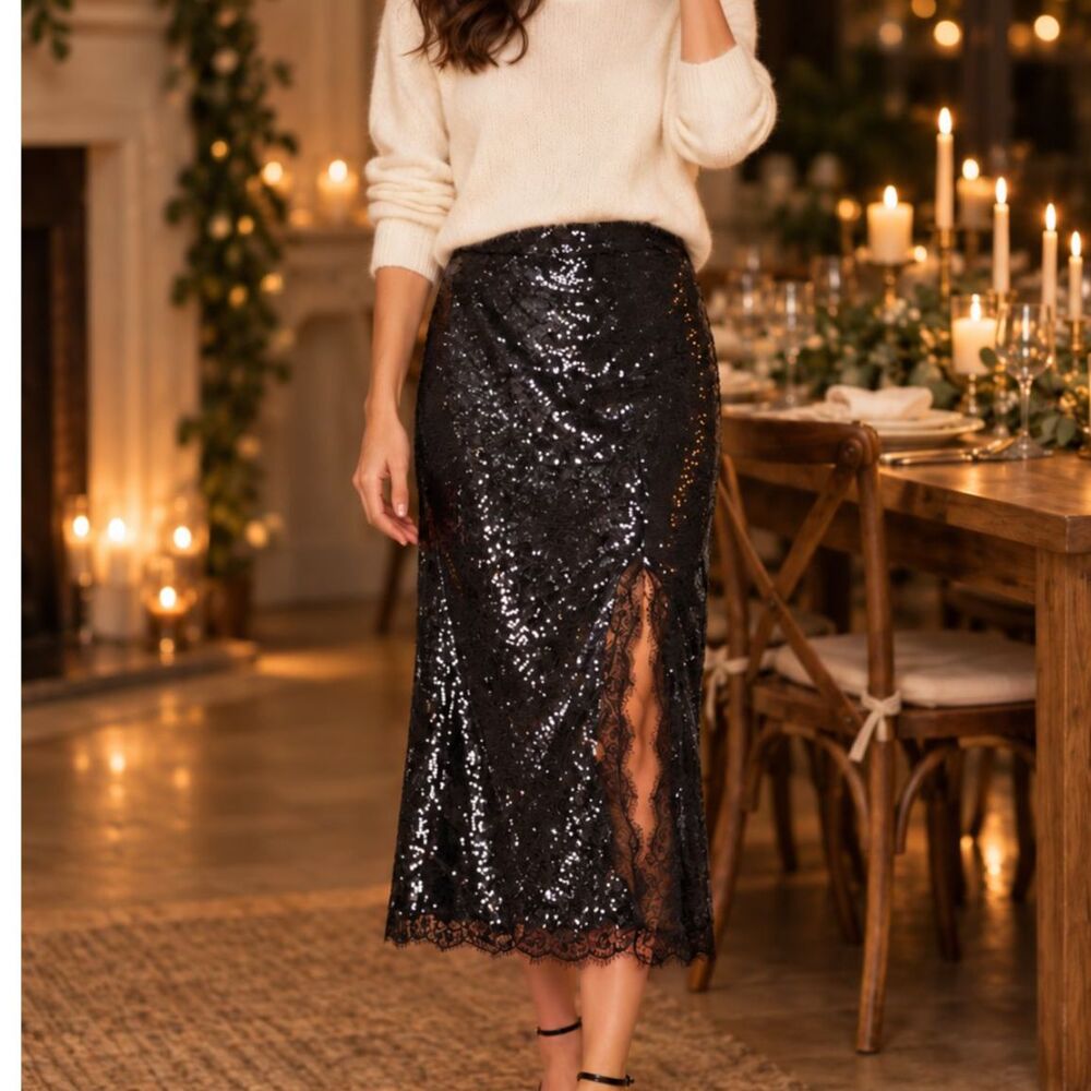 J.Crew Gwyneth Sequin Lace Trim Slip Midi Skirt 6 Romantic Holiday Party